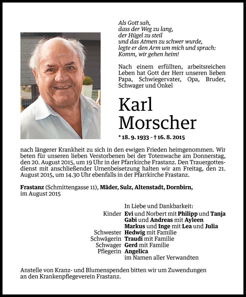  Todesanzeige für Karl Morscher vom 18.08.2015 aus Vorarlberger Nachrichten