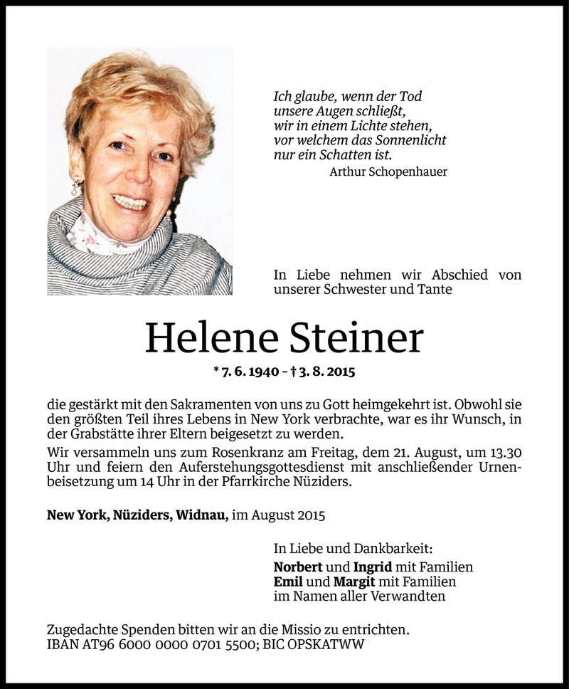  Todesanzeige für Helene Steiner vom 19.08.2015 aus Vorarlberger Nachrichten