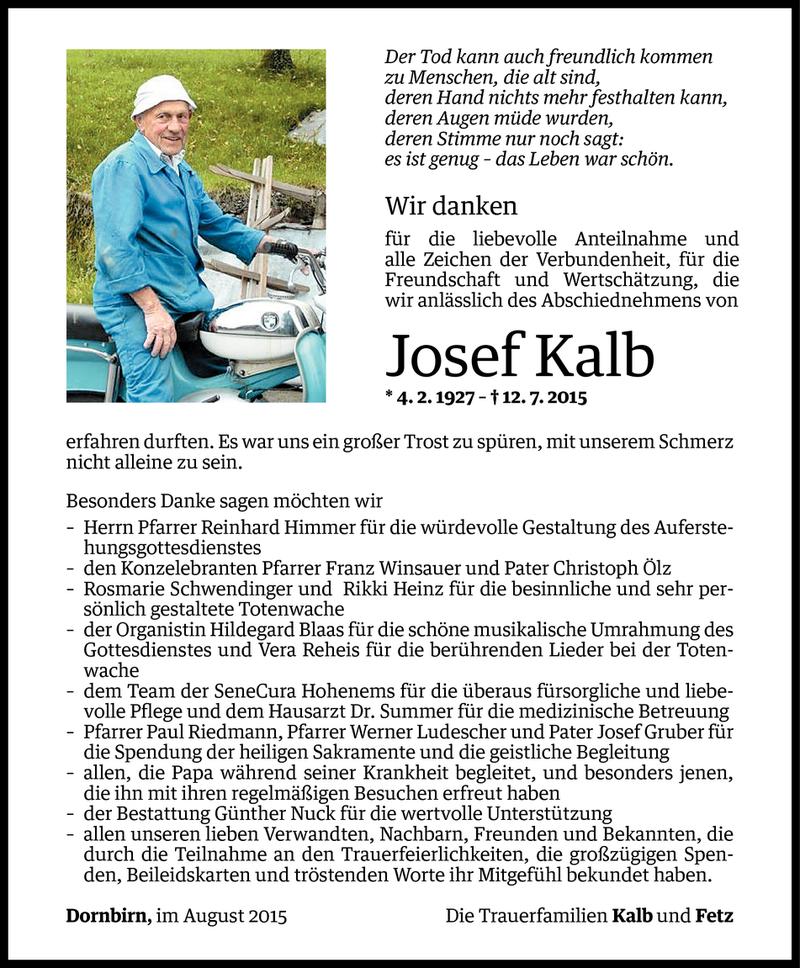  Todesanzeige für Josef Kalb vom 20.08.2015 aus Vorarlberger Nachrichten