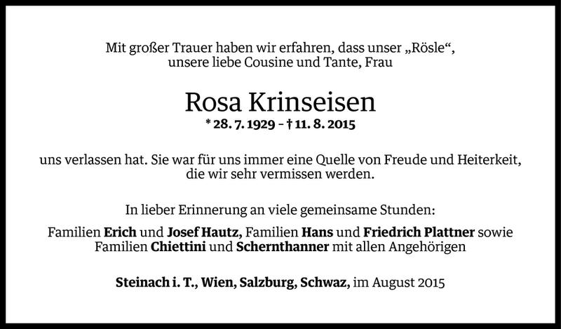  Todesanzeige für Rosa Krinseisen vom 18.08.2015 aus Vorarlberger Nachrichten