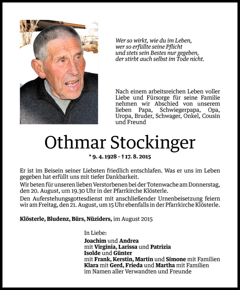  Todesanzeige für Othmar Stockinger vom 19.08.2015 aus Vorarlberger Nachrichten