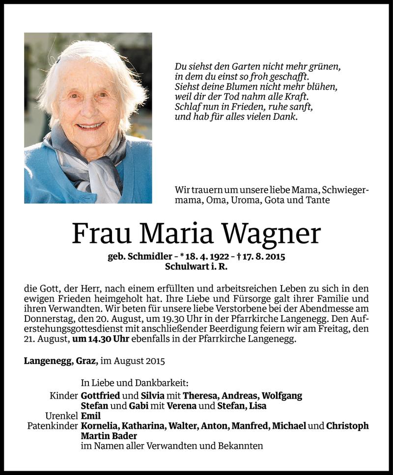  Todesanzeige für Maria Wagner vom 18.08.2015 aus Vorarlberger Nachrichten