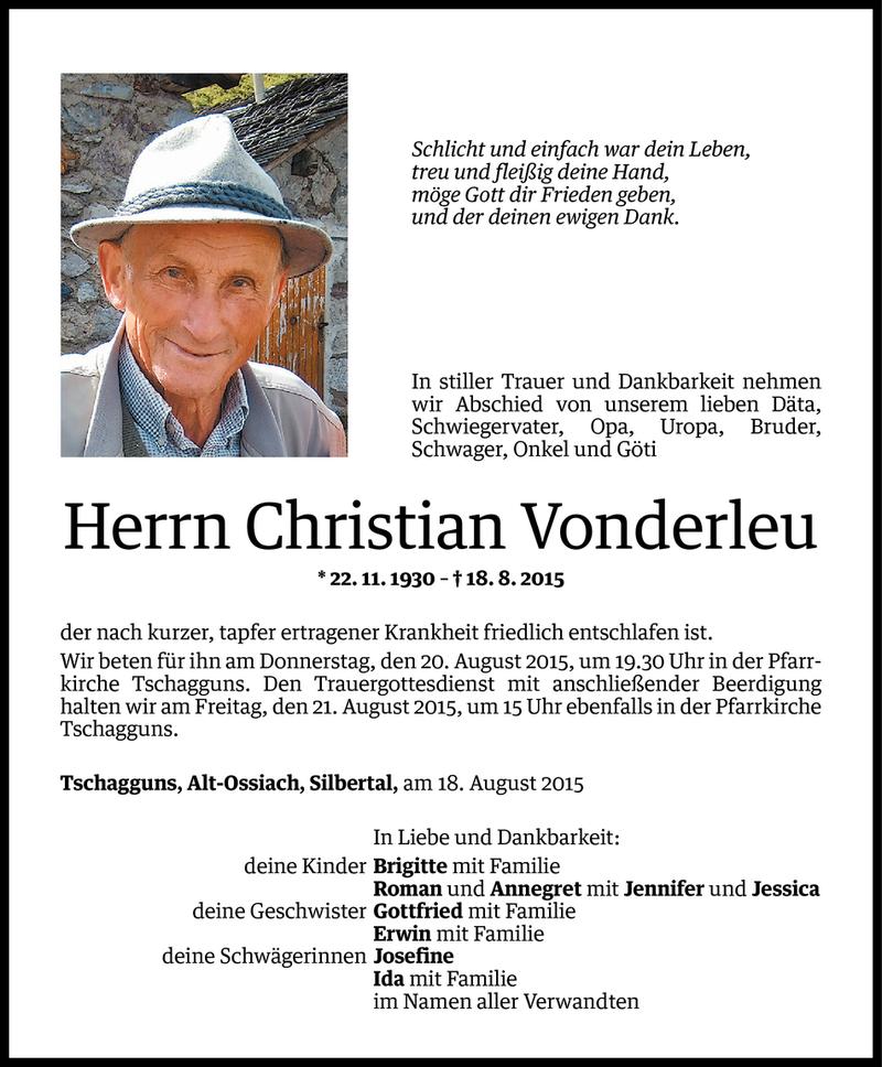  Todesanzeige für Christian Vonderleu vom 18.08.2015 aus Vorarlberger Nachrichten