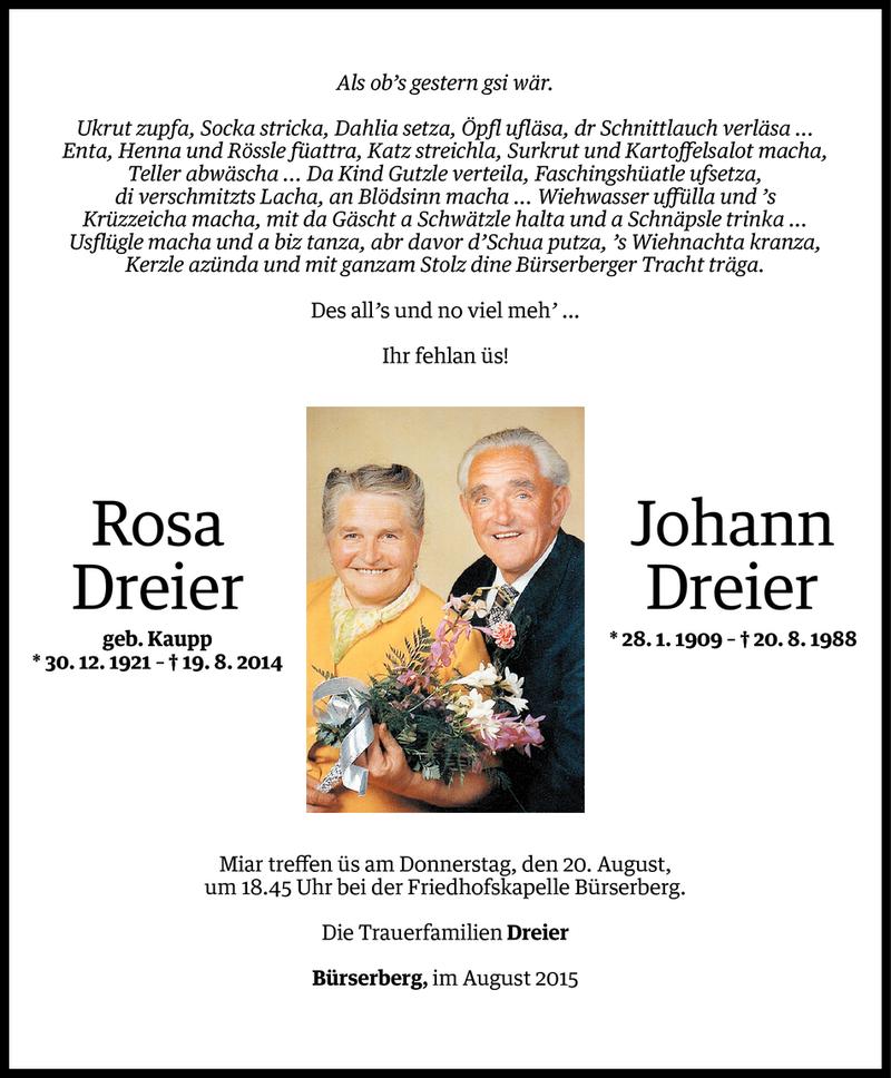  Todesanzeige für Rosa und Johann Dreier vom 19.08.2015 aus Vorarlberger Nachrichten