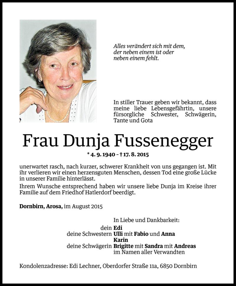  Todesanzeige für Dunja Fussenegger vom 21.08.2015 aus Vorarlberger Nachrichten