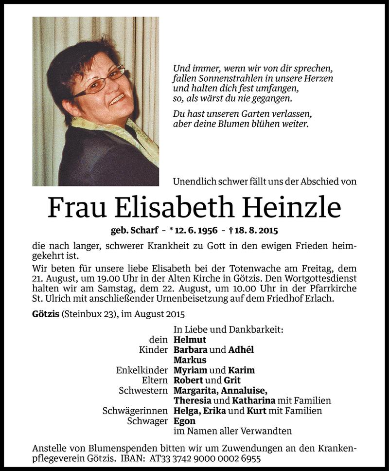  Todesanzeige für Elisabeth Heinzle vom 20.08.2015 aus Vorarlberger Nachrichten