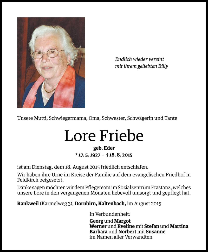  Todesanzeige für Lore Friebe vom 22.08.2015 aus Vorarlberger Nachrichten