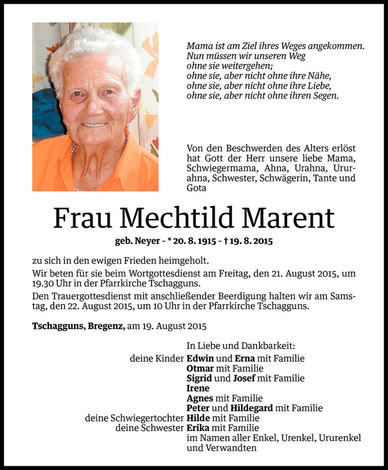  Todesanzeige für Mechtild Marent vom 19.08.2015 aus Vorarlberger Nachrichten