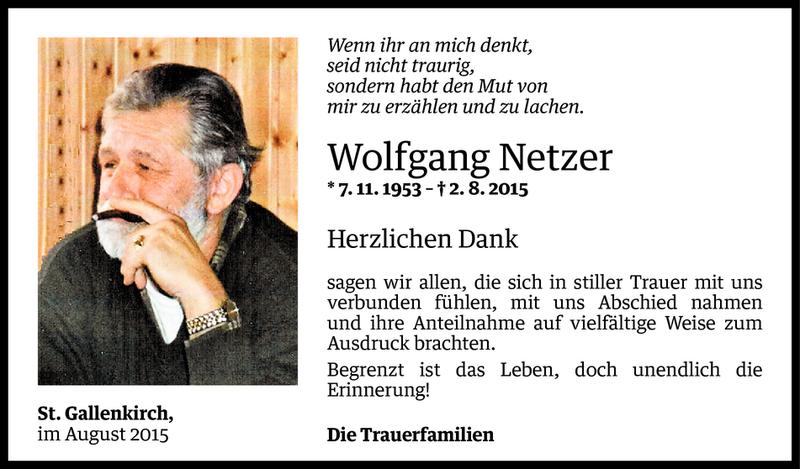  Todesanzeige für Wolfgang Netzer vom 20.08.2015 aus Vorarlberger Nachrichten