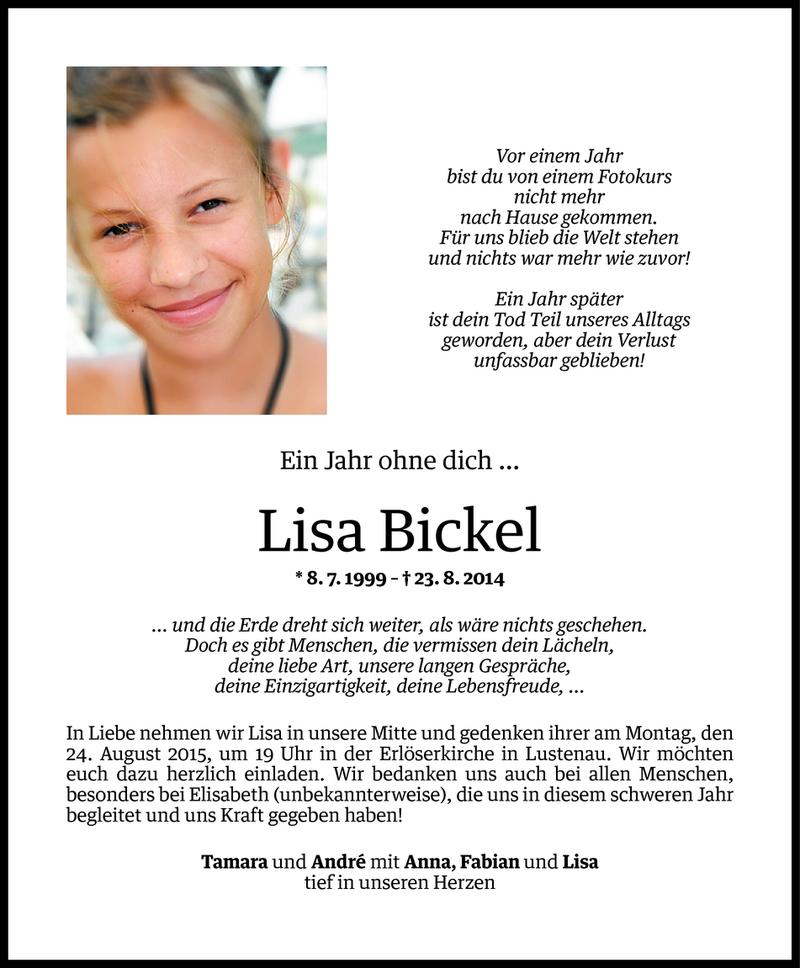  Todesanzeige für Lisa Bickel vom 20.08.2015 aus Vorarlberger Nachrichten