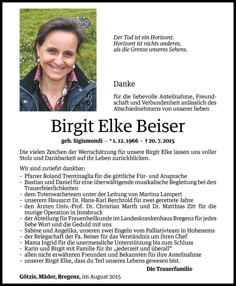  Todesanzeige für Birgit Elke Beiser vom 21.08.2015 aus Vorarlberger Nachrichten