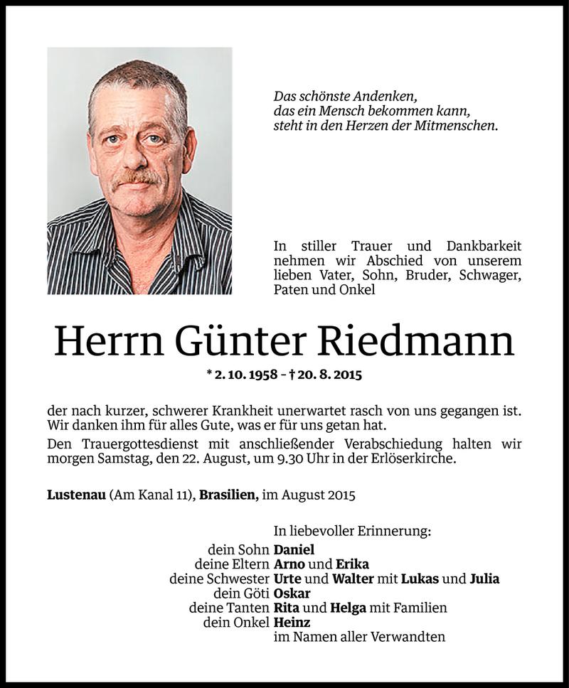  Todesanzeige für Günter Riedmann vom 20.08.2015 aus Vorarlberger Nachrichten