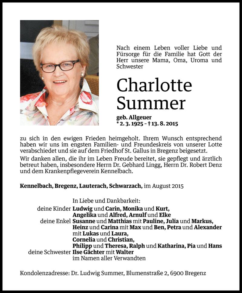  Todesanzeige für Charlotte Summer­ vom 22.08.2015 aus Vorarlberger Nachrichten