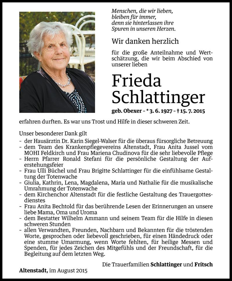  Todesanzeige für Frieda Schlattinger vom 21.08.2015 aus Vorarlberger Nachrichten