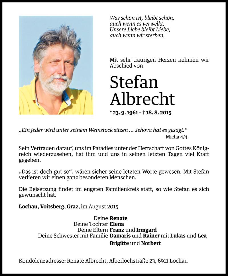  Todesanzeige für Stefan Albrecht vom 21.08.2015 aus Vorarlberger Nachrichten