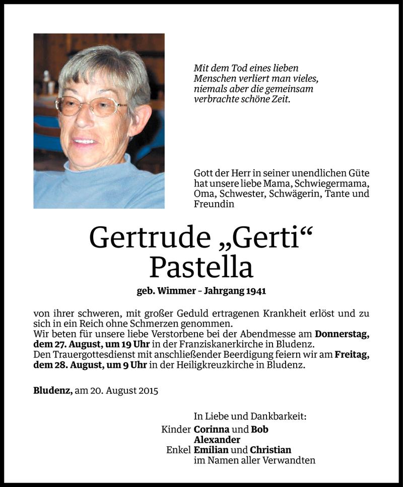  Todesanzeige für Gertrude Pastella vom 25.08.2015 aus Vorarlberger Nachrichten