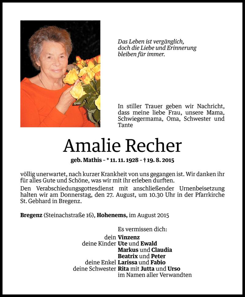  Todesanzeige für Amalie Recher vom 21.08.2015 aus Vorarlberger Nachrichten