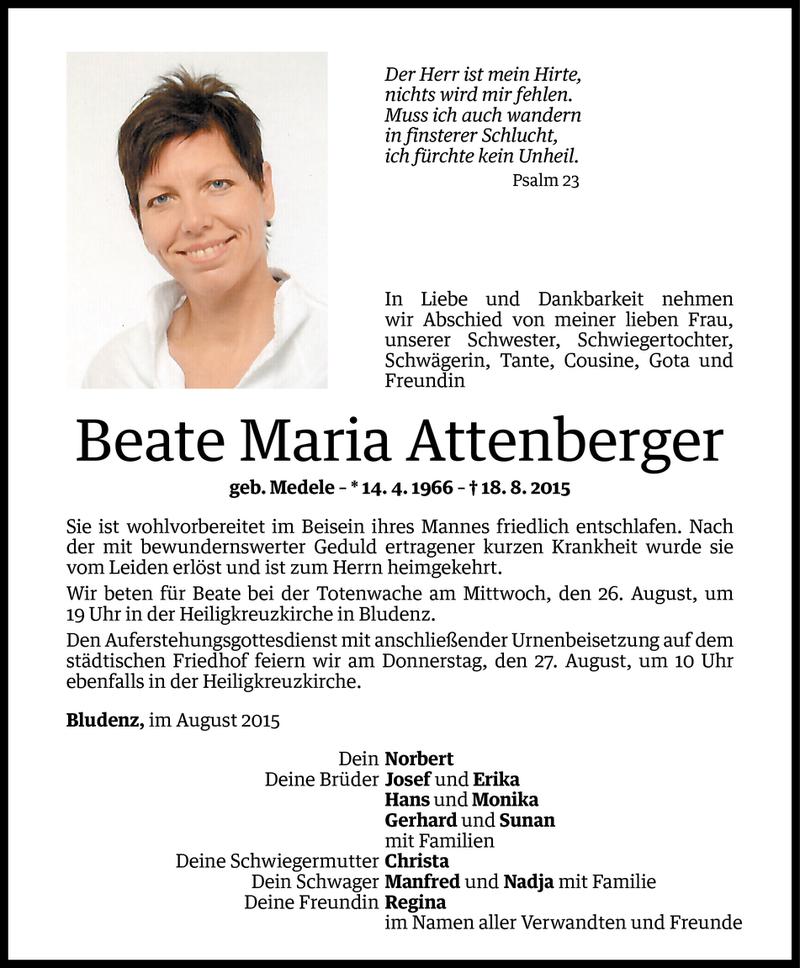  Todesanzeige für Beate Attenberger vom 22.08.2015 aus Vorarlberger Nachrichten