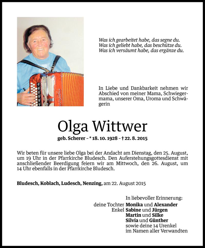  Todesanzeige für Olga Wittwer vom 23.08.2015 aus Vorarlberger Nachrichten