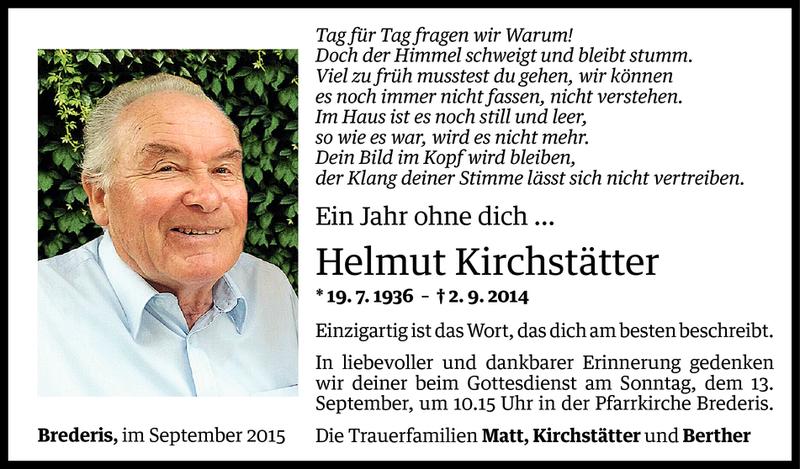  Todesanzeige für Helmut Kirchstätter vom 02.09.2015 aus Vorarlberger Nachrichten