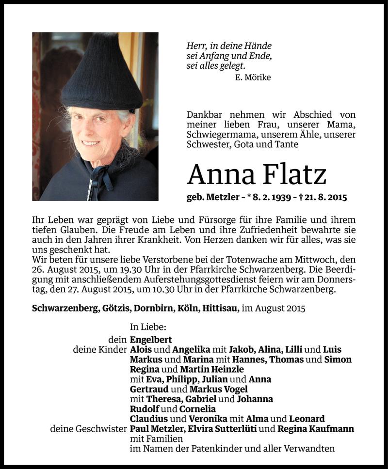  Todesanzeige für Anna Flatz vom 24.08.2015 aus Vorarlberger Nachrichten