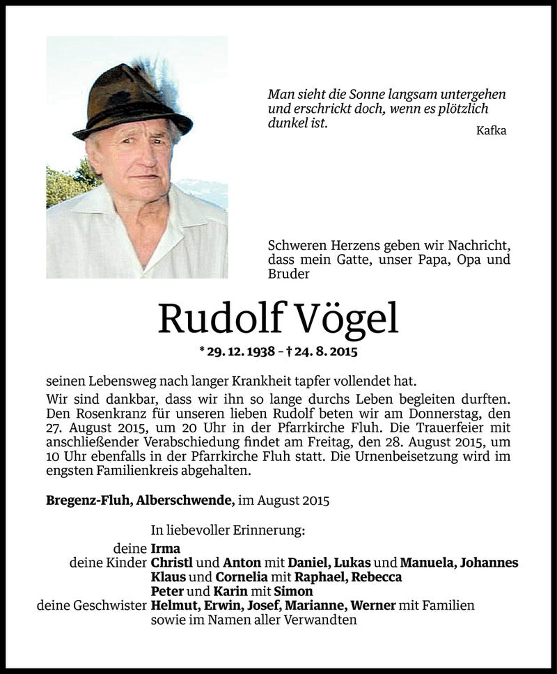  Todesanzeige für Rudolf Vögel vom 25.08.2015 aus Vorarlberger Nachrichten