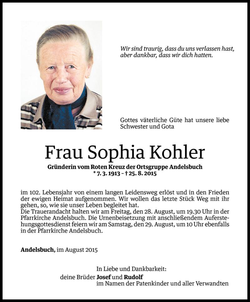  Todesanzeige für Sophia Kohler vom 26.08.2015 aus Vorarlberger Nachrichten
