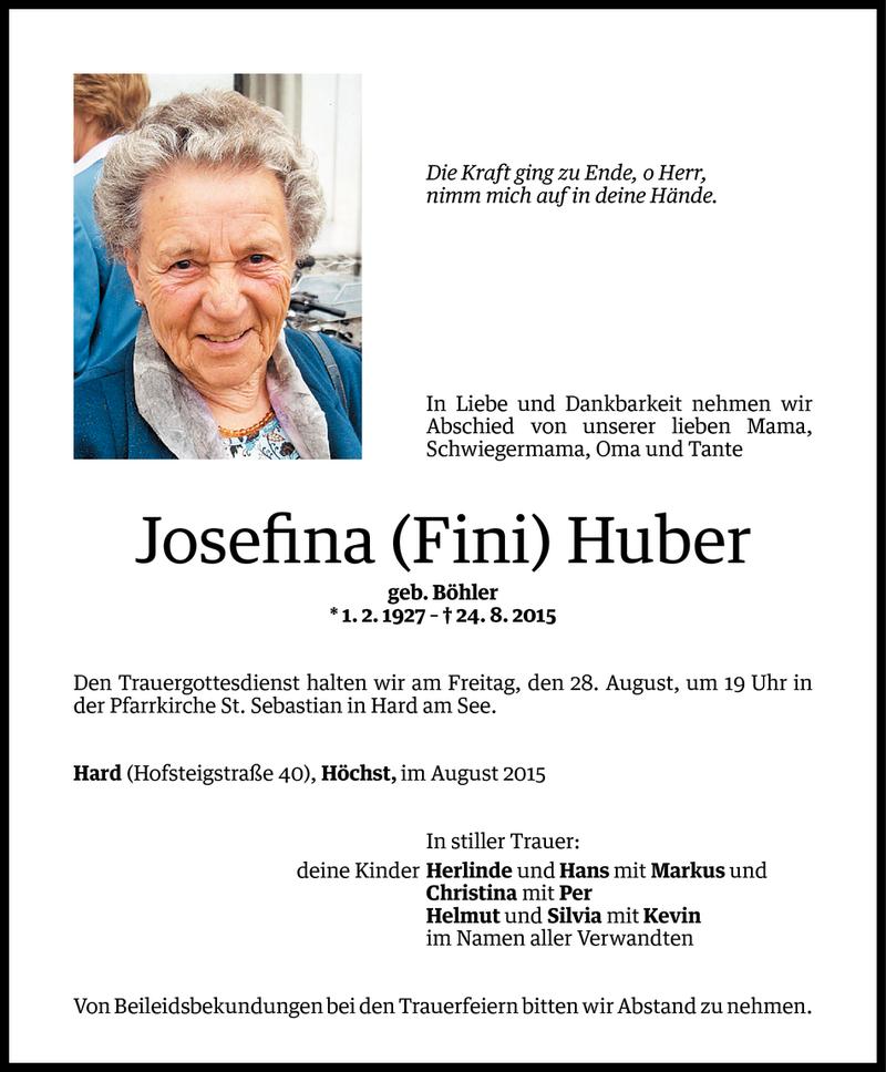  Todesanzeige für Josefina Huber vom 26.08.2015 aus Vorarlberger Nachrichten