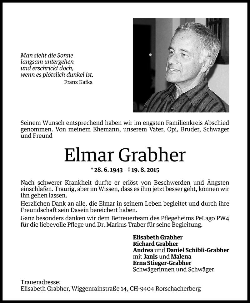  Todesanzeige für Elmar Grabher vom 28.08.2015 aus Vorarlberger Nachrichten