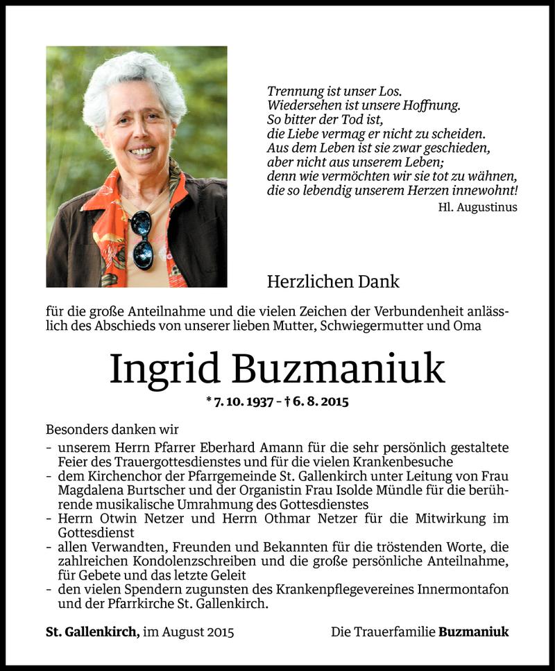  Todesanzeige für Ingrid Buzmaniuk vom 28.08.2015 aus Vorarlberger Nachrichten