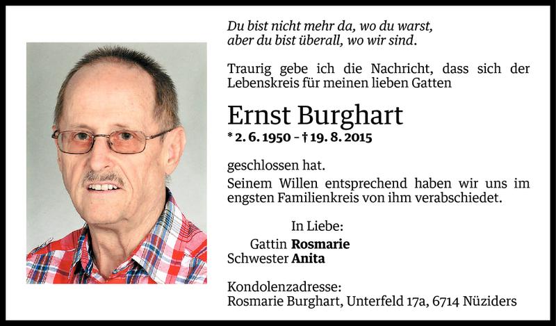  Todesanzeige für Ernst Burghart vom 29.08.2015 aus Vorarlberger Nachrichten