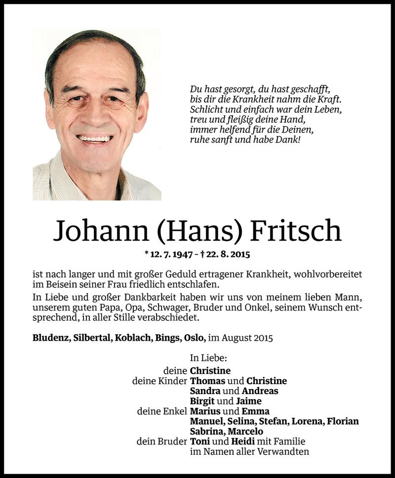  Todesanzeige für Johann Fritsch vom 29.08.2015 aus Vorarlberger Nachrichten