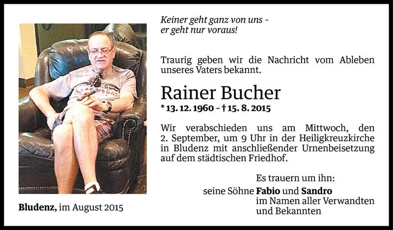  Todesanzeige für Rainer Bucher vom 29.08.2015 aus Vorarlberger Nachrichten