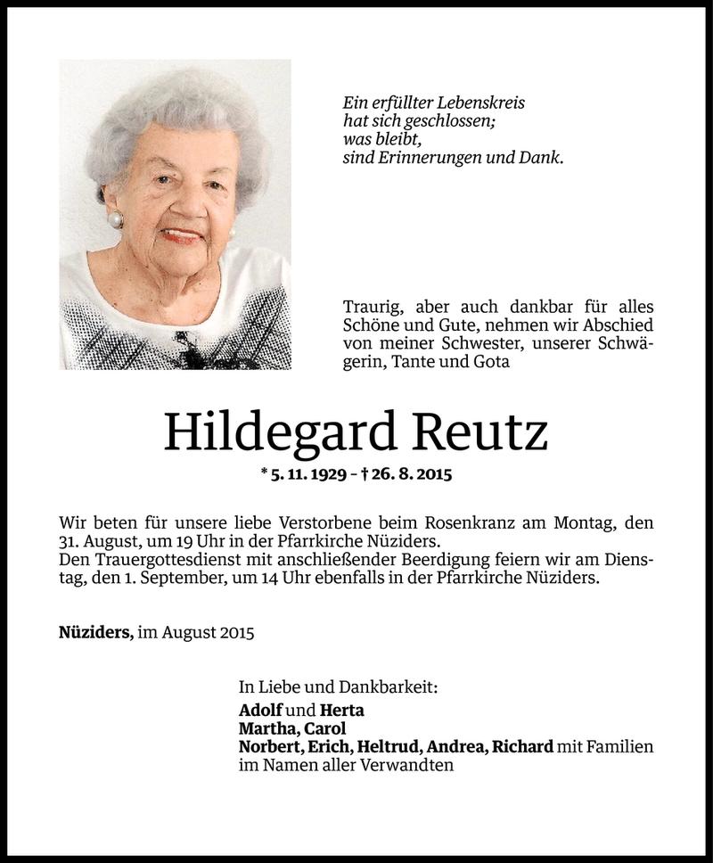  Todesanzeige für Hildegard Reutz vom 29.08.2015 aus Vorarlberger Nachrichten