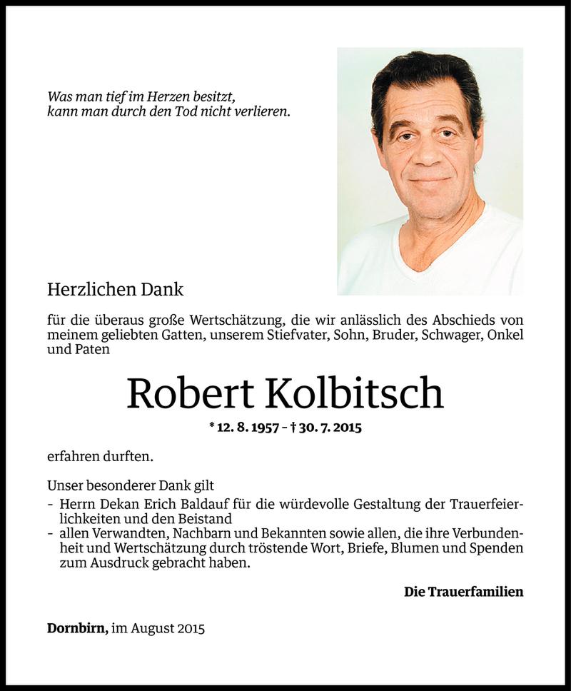  Todesanzeige für Robert Kolbitsch vom 27.08.2015 aus Vorarlberger Nachrichten