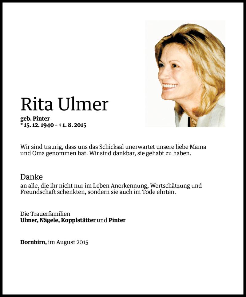  Todesanzeige für Rita Ulmer vom 28.08.2015 aus Vorarlberger Nachrichten