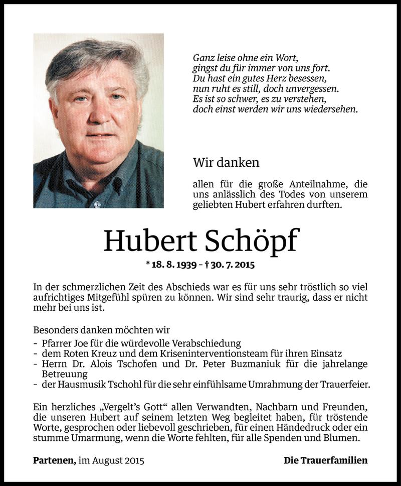  Todesanzeige für Hubert Schöpf vom 28.08.2015 aus Vorarlberger Nachrichten