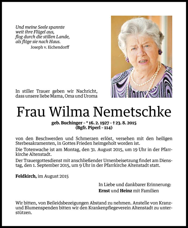  Todesanzeige für Wilma Nemetschke vom 28.08.2015 aus Vorarlberger Nachrichten