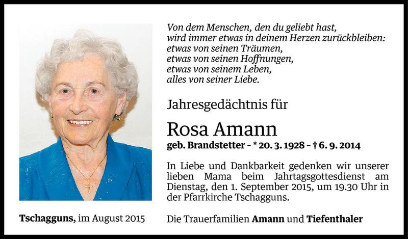  Todesanzeige für Rosa Amann vom 28.08.2015 aus Vorarlberger Nachrichten