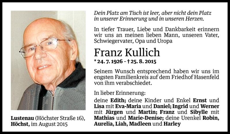  Todesanzeige für Franz Kullich vom 28.08.2015 aus Vorarlberger Nachrichten