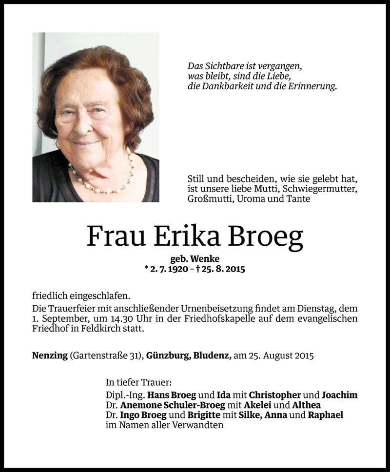  Todesanzeige für Erika Broeg vom 28.08.2015 aus Vorarlberger Nachrichten