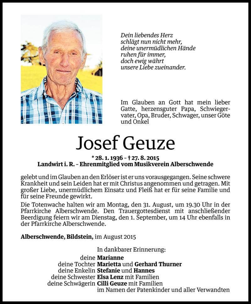  Todesanzeige für Josef Geuze vom 28.08.2015 aus Vorarlberger Nachrichten