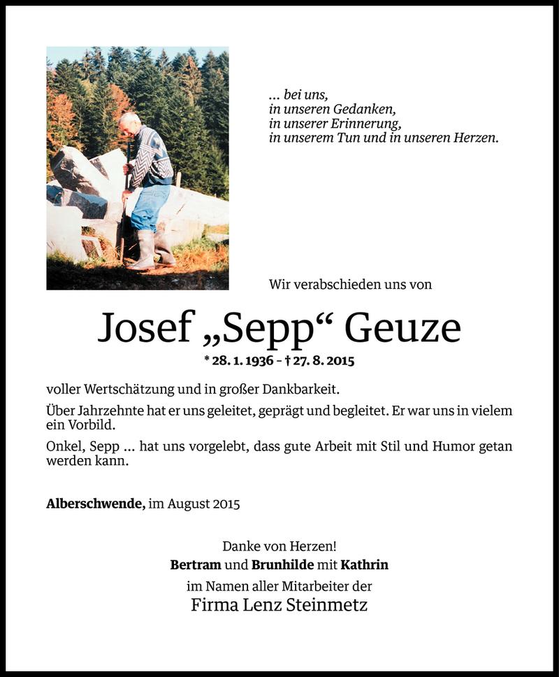  Todesanzeige für Josef Geuze vom 28.08.2015 aus Vorarlberger Nachrichten