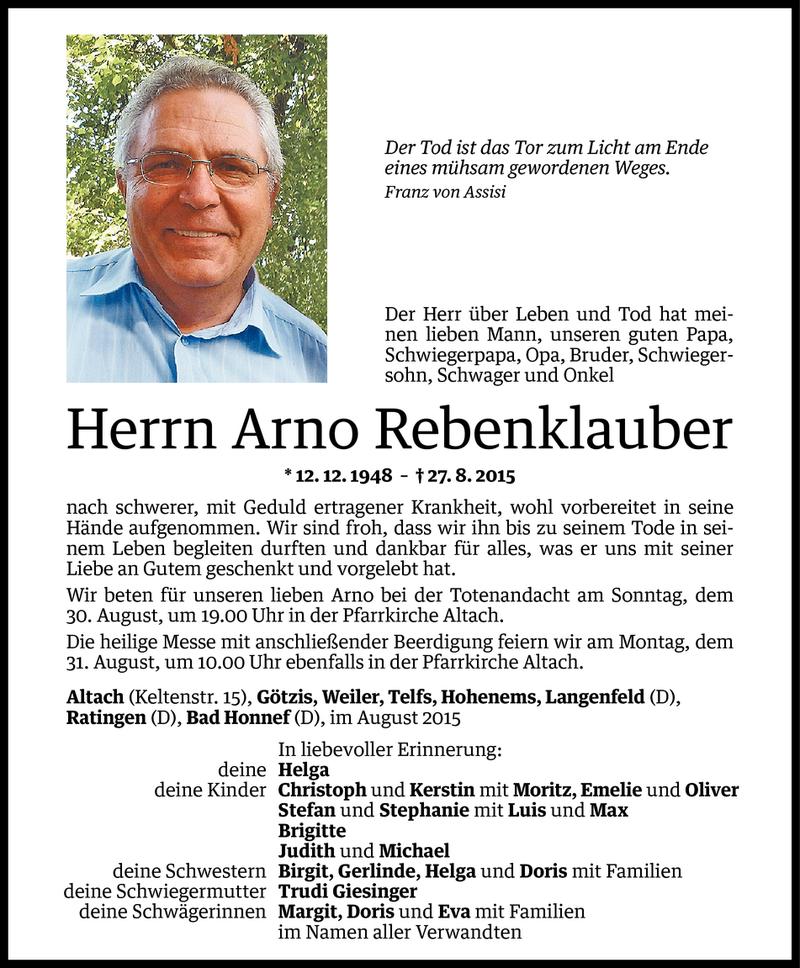  Todesanzeige für Arno Rebenklauber vom 29.08.2015 aus Vorarlberger Nachrichten