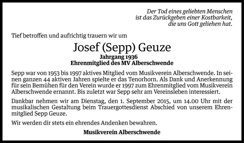  Todesanzeige für Josef Geuze vom 28.08.2015 aus Vorarlberger Nachrichten