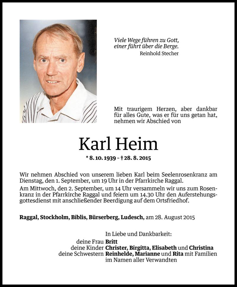  Todesanzeige für Karl Heim vom 30.08.2015 aus Vorarlberger Nachrichten