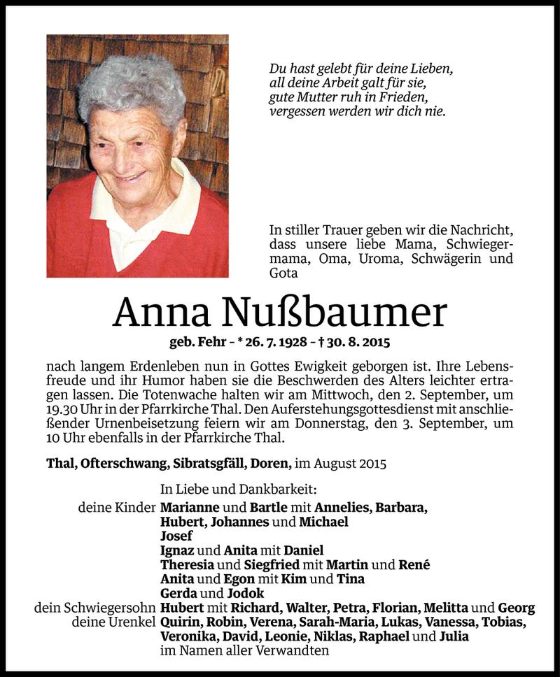  Todesanzeige für Anna Nußbaumer vom 31.08.2015 aus Vorarlberger Nachrichten