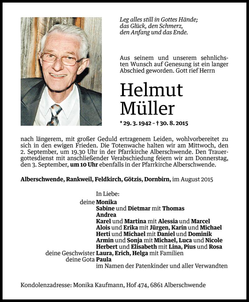  Todesanzeige für Helmut Müller vom 31.08.2015 aus Vorarlberger Nachrichten