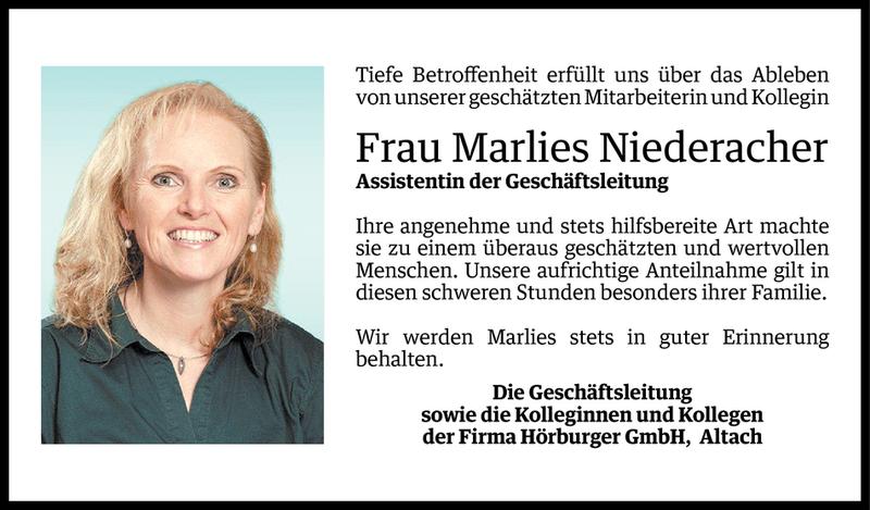  Todesanzeige für Marlies Niederacher vom 31.08.2015 aus Vorarlberger Nachrichten