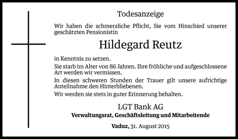  Todesanzeige für Hildegard Reutz vom 31.08.2015 aus Vorarlberger Nachrichten